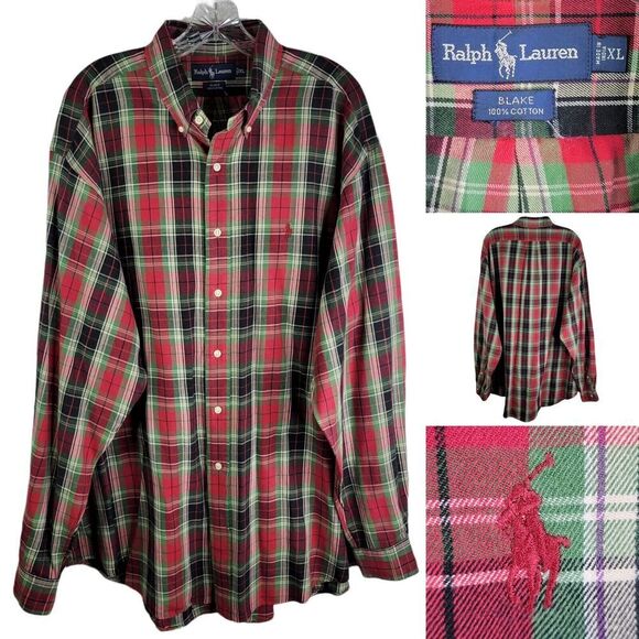 Polo Ralph Lauren Oxford Mens XL Button Down flannel Red Plaid Blake Vintage - Picture 1 of 8